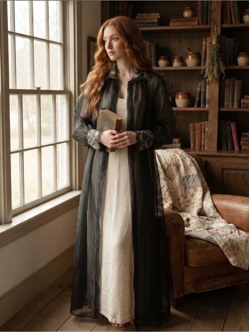 Vintage Black Sheer Organza Robe Duster with Exquisite Lace Cuffs & Collar SZ L